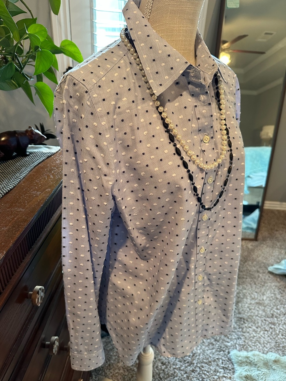 Talbots Light Blue Button-Down Shirt with Navy and White Dot Print - Picture 2 of 11
